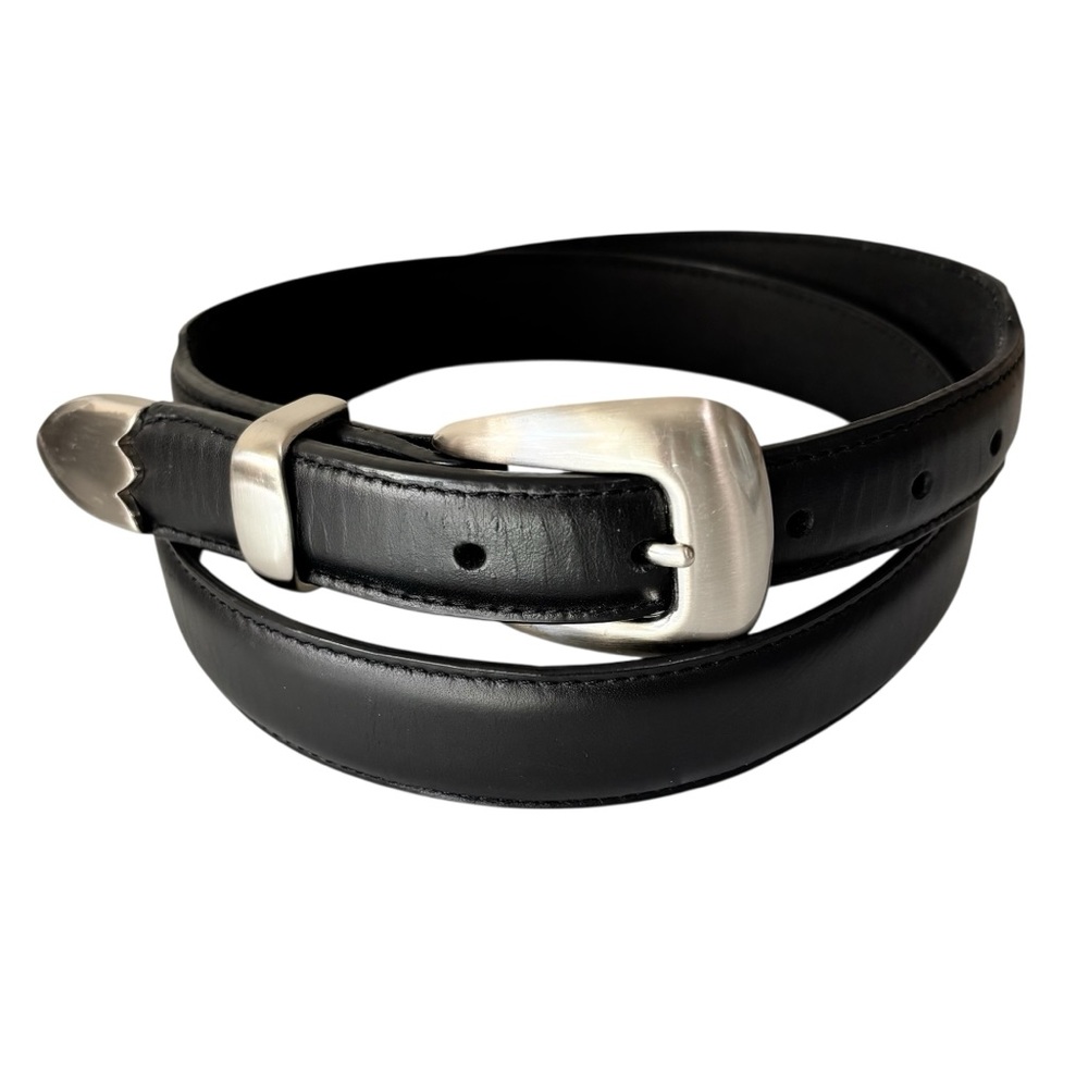 NOCONA BELT‎ CO - SIZE 42 - SILVER TONE-  MEN’s BLACK LEATHER BELT - EXC COND S7 - Picture 2 of 11